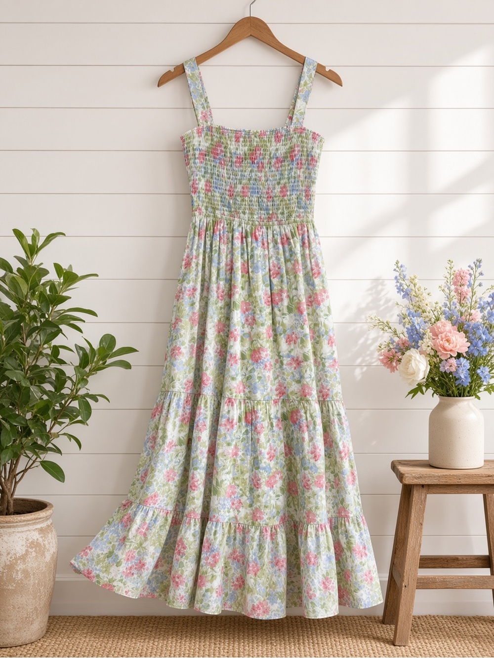 Floral Smocked Tiered Midi Dress Pink Blue Green Print